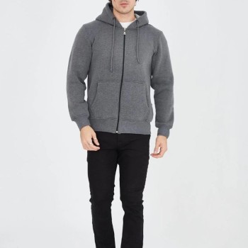 Erkek 3 İplik Pamuklu Kapüşonlu Tam Fermuarlı Cepli Hoodie Sweatshirt - Füme