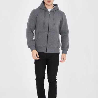 Erkek 3 İplik Pamuklu Kapüşonlu Tam Fermuarlı Cepli Hoodie Sweatshirt - Füme