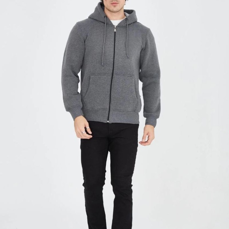 Erkek 3 İplik Pamuklu Kapüşonlu Tam Fermuarlı Cepli Hoodie Sweatshirt - Füme