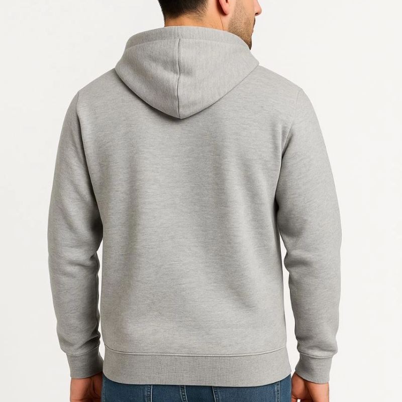Erkek 3 İplik Pamuklu Kapüşonlu Tam Fermuarlı Cepli Hoodie Sweatshirt - Gri