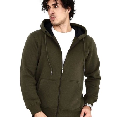 Erkek 3 İplik Pamuklu Kapüşonlu Tam Fermuarlı Cepli Hoodie Sweatshirt - Haki