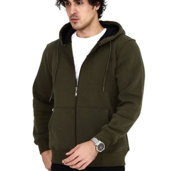 Erkek 3 İplik Pamuklu Kapüşonlu Tam Fermuarlı Cepli Hoodie Sweatshirt - Haki