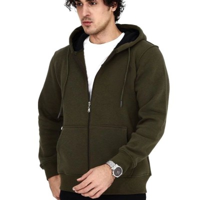 Erkek 3 İplik Pamuklu Kapüşonlu Tam Fermuarlı Cepli Hoodie Sweatshirt - Haki