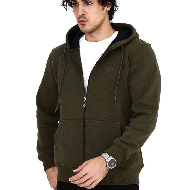 Erkek 3 İplik Pamuklu Kapüşonlu Tam Fermuarlı Cepli Hoodie Sweatshirt - Haki