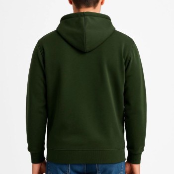 Erkek 3 İplik Pamuklu Kapüşonlu Tam Fermuarlı Cepli Hoodie Sweatshirt - Haki