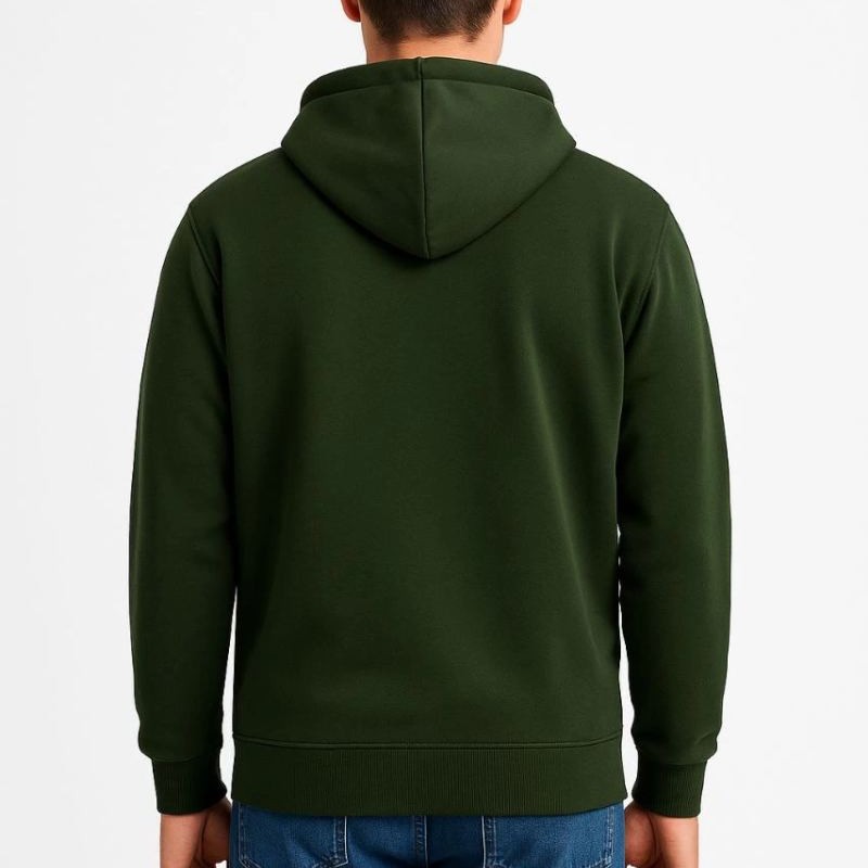 Erkek 3 İplik Pamuklu Kapüşonlu Tam Fermuarlı Cepli Hoodie Sweatshirt - Haki