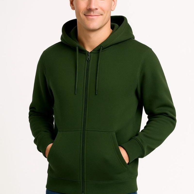 Erkek 3 İplik Pamuklu Kapüşonlu Tam Fermuarlı Cepli Hoodie Sweatshirt - Haki