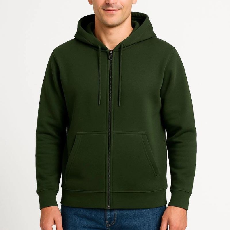 Erkek 3 İplik Pamuklu Kapüşonlu Tam Fermuarlı Cepli Hoodie Sweatshirt - Haki