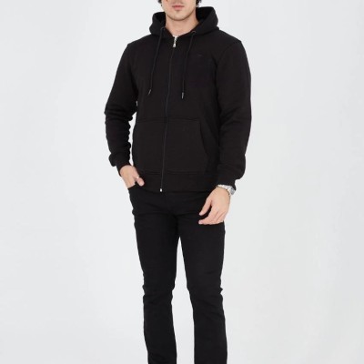 Erkek 3 İplik Pamuklu Kapüşonlu Tam Fermuarlı Cepli Hoodie Sweatshirt - Siyah