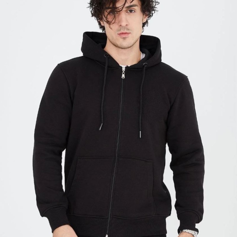 Erkek 3 İplik Pamuklu Kapüşonlu Tam Fermuarlı Cepli Hoodie Sweatshirt - Siyah