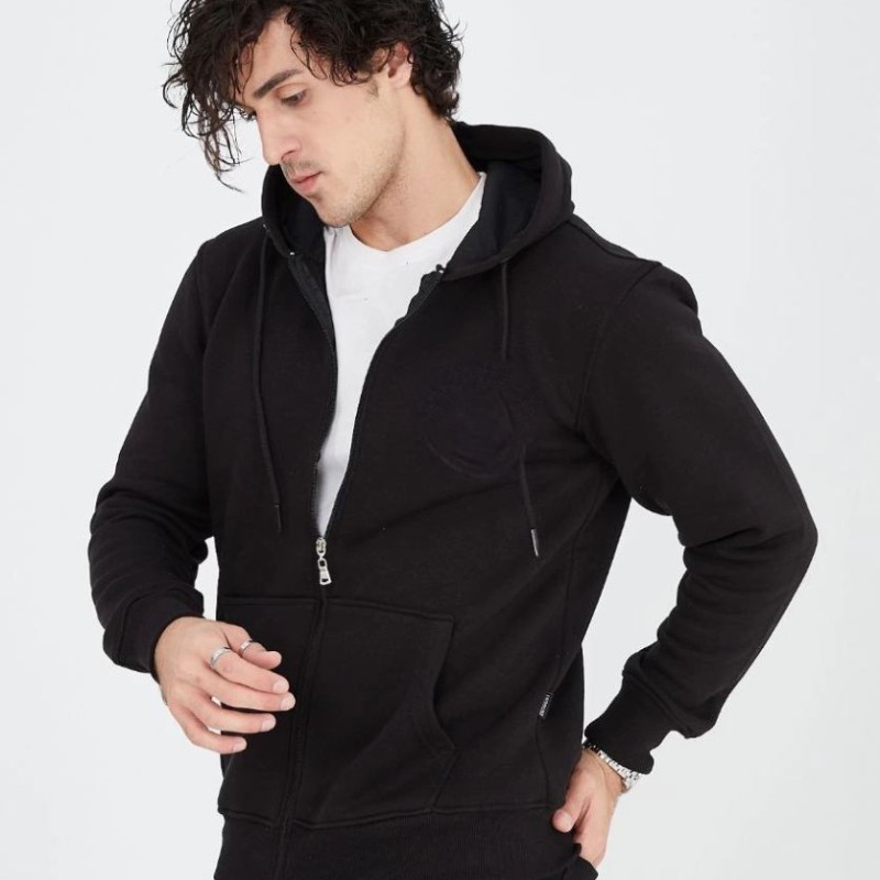 Erkek 3 İplik Pamuklu Kapüşonlu Tam Fermuarlı Cepli Hoodie Sweatshirt - Siyah