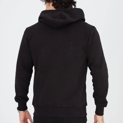 Erkek 3 İplik Pamuklu Kapüşonlu Tam Fermuarlı Cepli Hoodie Sweatshirt - Siyah