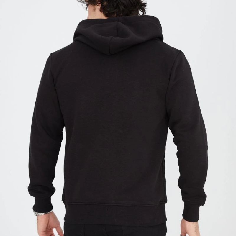 Erkek 3 İplik Pamuklu Kapüşonlu Tam Fermuarlı Cepli Hoodie Sweatshirt - Siyah