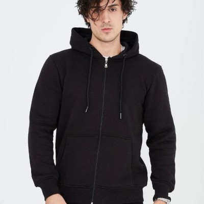 Erkek 3 İplik Pamuklu Kapüşonlu Tam Fermuarlı Cepli Hoodie Sweatshirt - Siyah