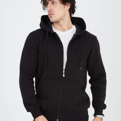 Erkek 3 İplik Pamuklu Kapüşonlu Tam Fermuarlı Cepli Hoodie Sweatshirt - Siyah