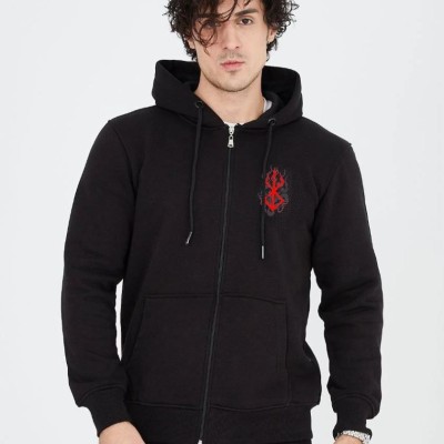 Erkek 3 İplik Pamuklu Kapüşonlu Tam Fermuarlı Cepli Hoodie Sweatshirt - Siyah