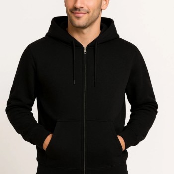 Erkek 3 İplik Pamuklu Kapüşonlu Tam Fermuarlı Cepli Hoodie Sweatshirt - Siyah