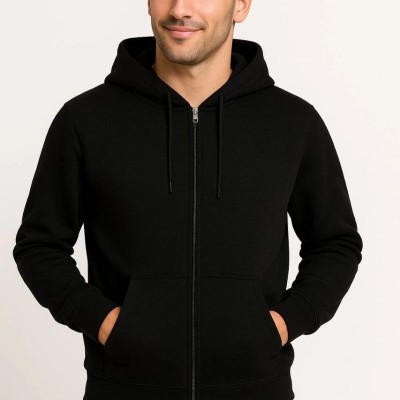 Erkek 3 İplik Pamuklu Kapüşonlu Tam Fermuarlı Cepli Hoodie Sweatshirt - Siyah