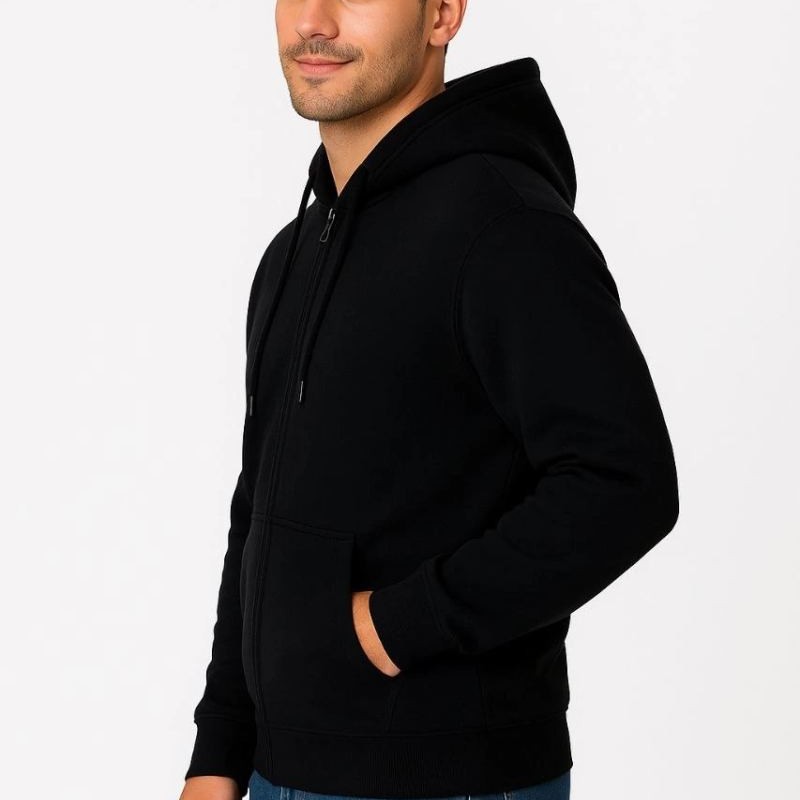 Erkek 3 İplik Pamuklu Kapüşonlu Tam Fermuarlı Cepli Hoodie Sweatshirt - Siyah