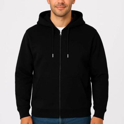 Erkek 3 İplik Pamuklu Kapüşonlu Tam Fermuarlı Cepli Hoodie Sweatshirt - Siyah