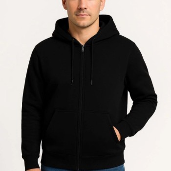 Erkek 3 İplik Pamuklu Kapüşonlu Tam Fermuarlı Cepli Hoodie Sweatshirt - Siyah