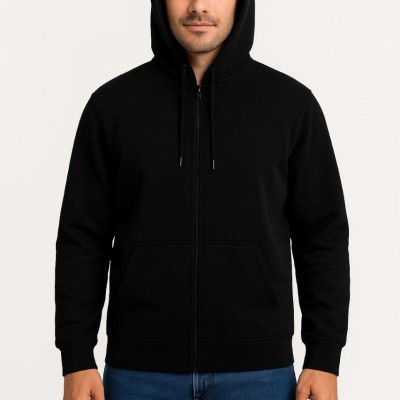 Erkek 3 İplik Pamuklu Kapüşonlu Tam Fermuarlı Cepli Hoodie Sweatshirt - Siyah