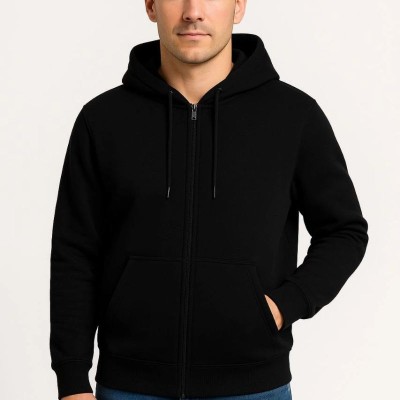 Erkek 3 İplik Pamuklu Kapüşonlu Tam Fermuarlı Cepli Hoodie Sweatshirt - Siyah