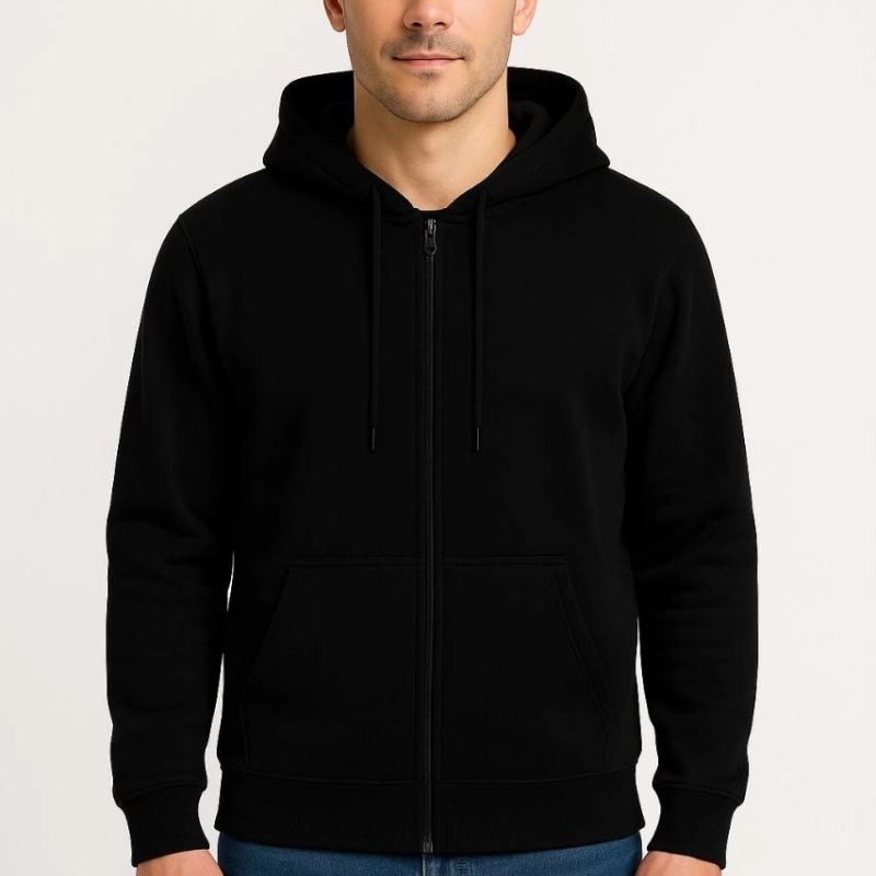 Erkek 3 İplik Pamuklu Kapüşonlu Tam Fermuarlı Cepli Hoodie Sweatshirt - Siyah