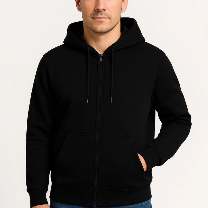 Erkek 3 İplik Pamuklu Kapüşonlu Tam Fermuarlı Cepli Hoodie Sweatshirt - Siyah