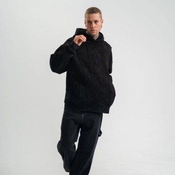 ERKEK 3 iplik Pamuklu Kapüşonlu Yıkamalı Nakışlı Hoodie SweatShirt - Siyah