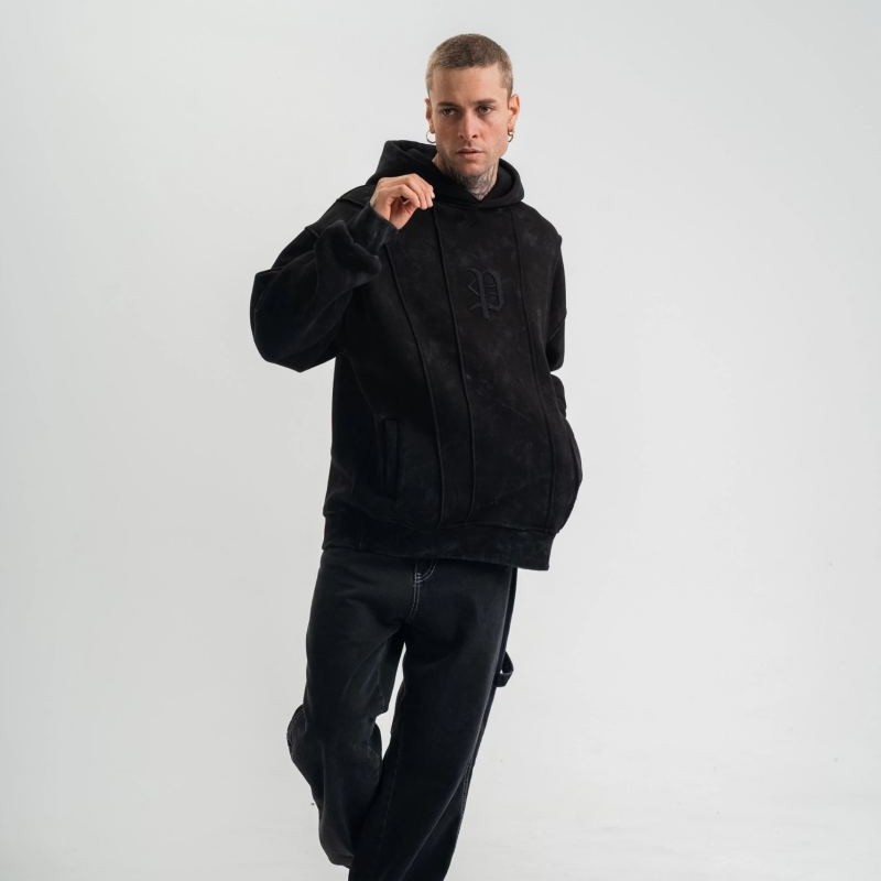 ERKEK 3 iplik Pamuklu Kapüşonlu Yıkamalı Nakışlı Hoodie SweatShirt - Siyah