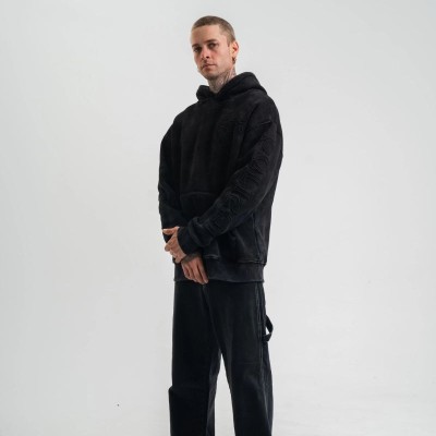 ERKEK 3 iplik Pamuklu Kapüşonlu Yıkamalı Nakışlı Hoodie SweatShirt - Siyah