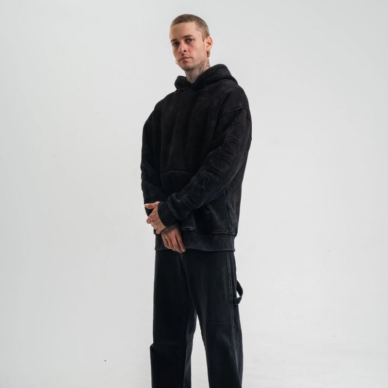 ERKEK 3 iplik Pamuklu Kapüşonlu Yıkamalı Nakışlı Hoodie SweatShirt - Siyah