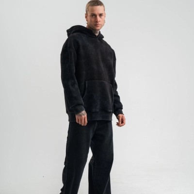 ERKEK 3 iplik Pamuklu Kapüşonlu Yıkamalı Nakışlı Hoodie SweatShirt - Siyah