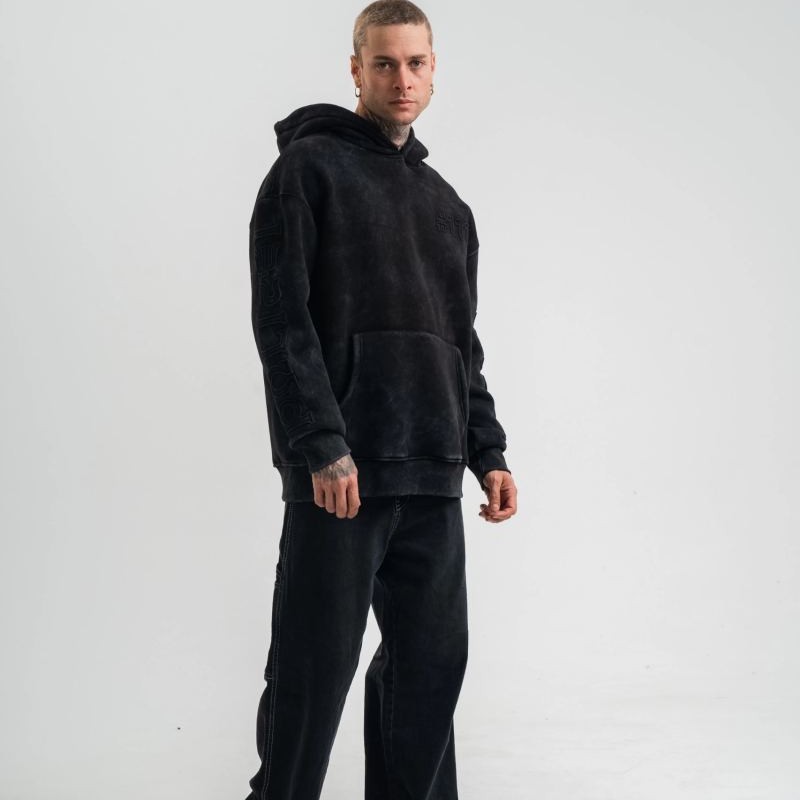 ERKEK 3 iplik Pamuklu Kapüşonlu Yıkamalı Nakışlı Hoodie SweatShirt - Siyah