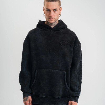ERKEK 3 iplik Pamuklu Kapüşonlu Yıkamalı Nakışlı Hoodie SweatShirt - Siyah