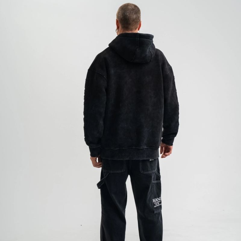 ERKEK 3 iplik Pamuklu Kapüşonlu Yıkamalı Nakışlı Hoodie SweatShirt - Siyah