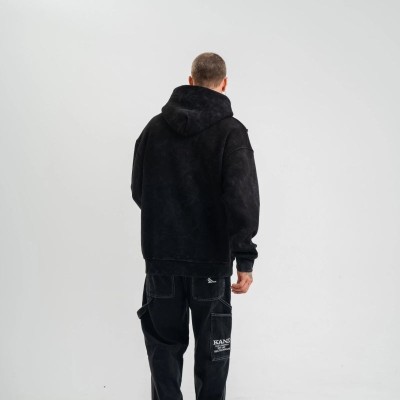 ERKEK 3 iplik Pamuklu Kapüşonlu Yıkamalı Nakışlı Hoodie SweatShirt - Siyah