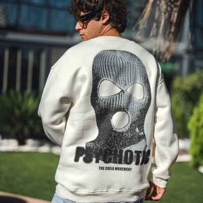 Erkek 3 iplik pamuklu Kışlık Bisiklet Yaka Baskılı SweatShirt - Beyaz