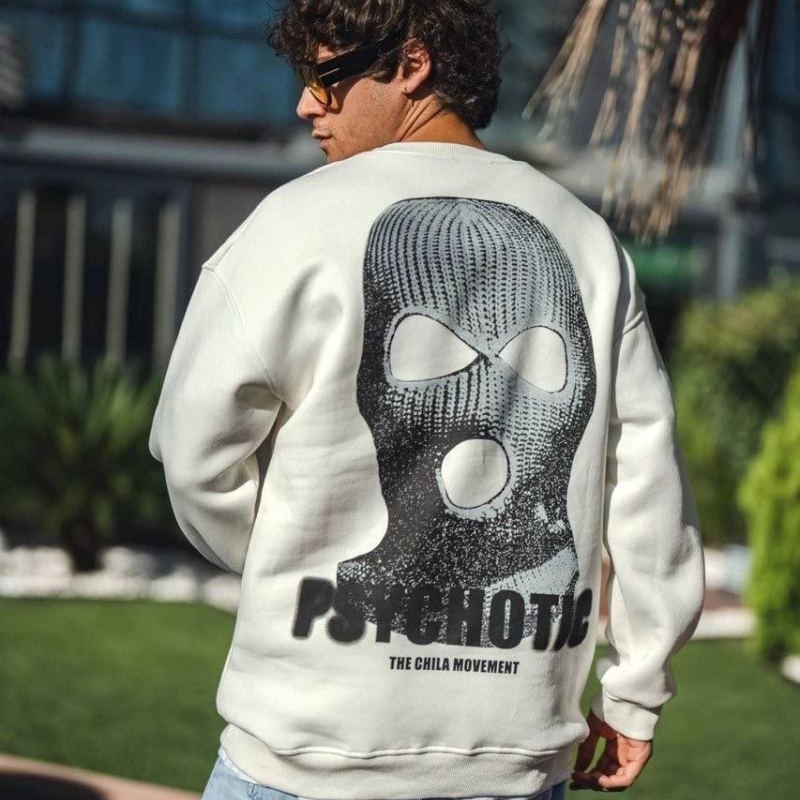 Erkek 3 iplik pamuklu Kışlık Bisiklet Yaka Baskılı SweatShirt - Beyaz