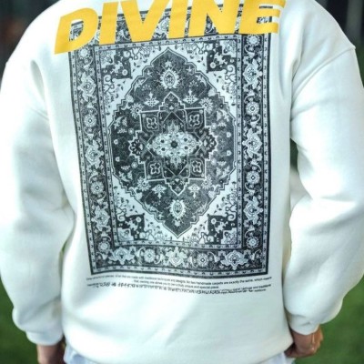 Erkek 3 iplik pamuklu Kışlık Bisiklet Yaka Baskılı SweatShirt - Beyaz