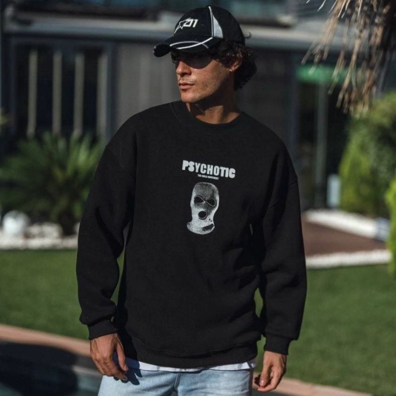 Erkek 3 iplik pamuklu Kışlık Bisiklet Yaka Baskılı SweatShirt - Siyah
