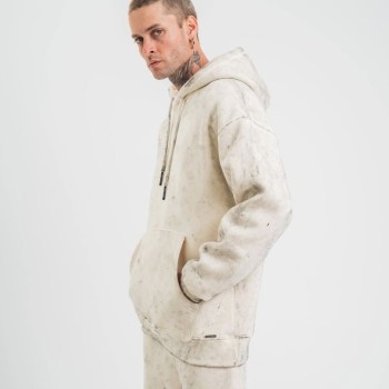 ERKEK  3 iplik Pamuklu Oversize Kapşonlu Yıkamalı SweatShirt Hoodie - Krem