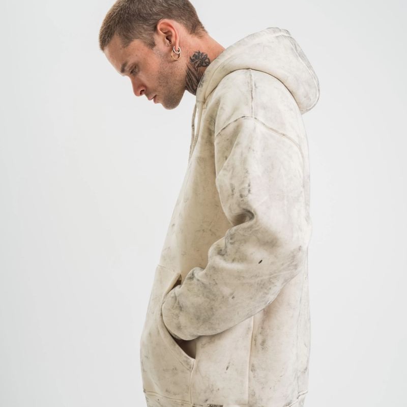 ERKEK  3 iplik Pamuklu Oversize Kapşonlu Yıkamalı SweatShirt Hoodie - Krem