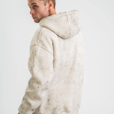ERKEK  3 iplik Pamuklu Oversize Kapşonlu Yıkamalı SweatShirt Hoodie - Krem