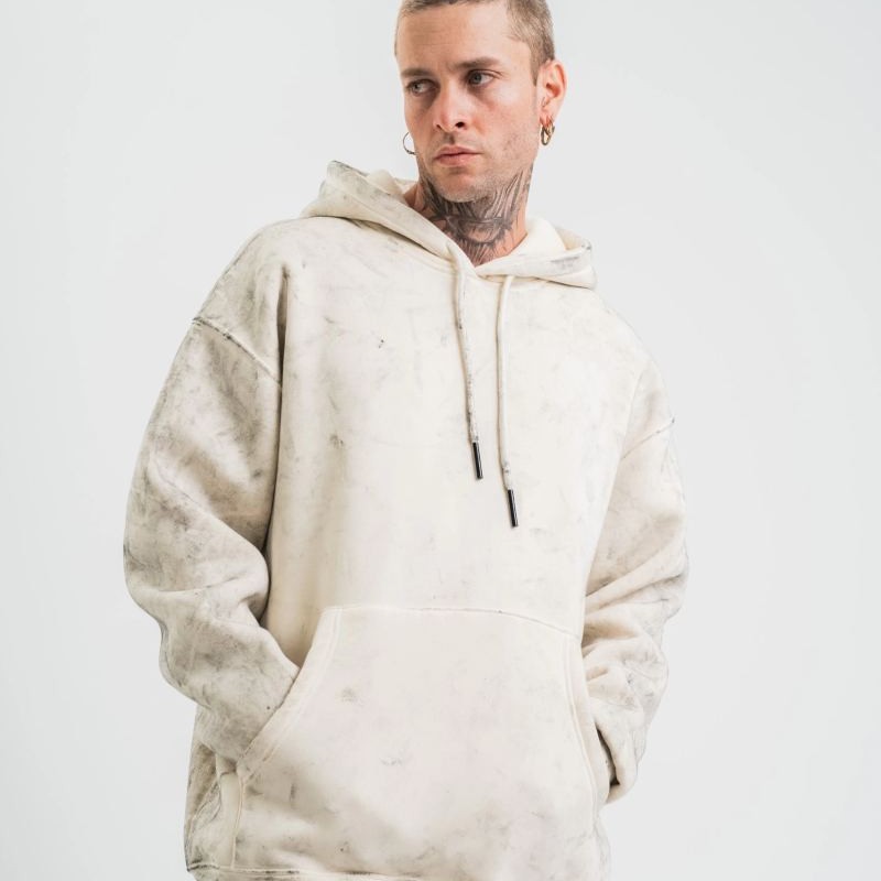ERKEK  3 iplik Pamuklu Oversize Kapşonlu Yıkamalı SweatShirt Hoodie - Krem