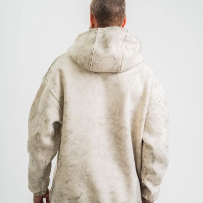 ERKEK  3 iplik Pamuklu Oversize Kapşonlu Yıkamalı SweatShirt Hoodie - Krem