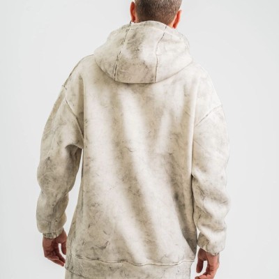 ERKEK  3 iplik Pamuklu Oversize Kapşonlu Yıkamalı SweatShirt Hoodie - Krem