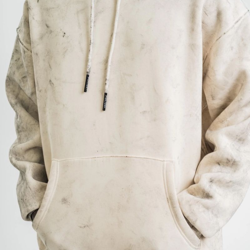 ERKEK  3 iplik Pamuklu Oversize Kapşonlu Yıkamalı SweatShirt Hoodie - Krem
