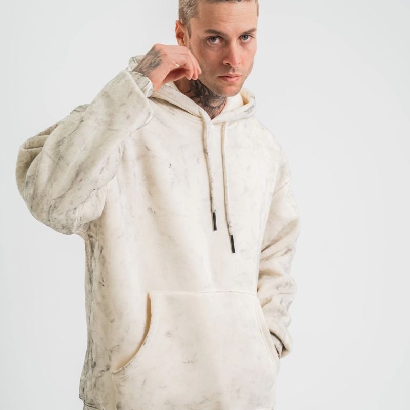 ERKEK  3 iplik Pamuklu Oversize Kapşonlu Yıkamalı SweatShirt Hoodie - Krem